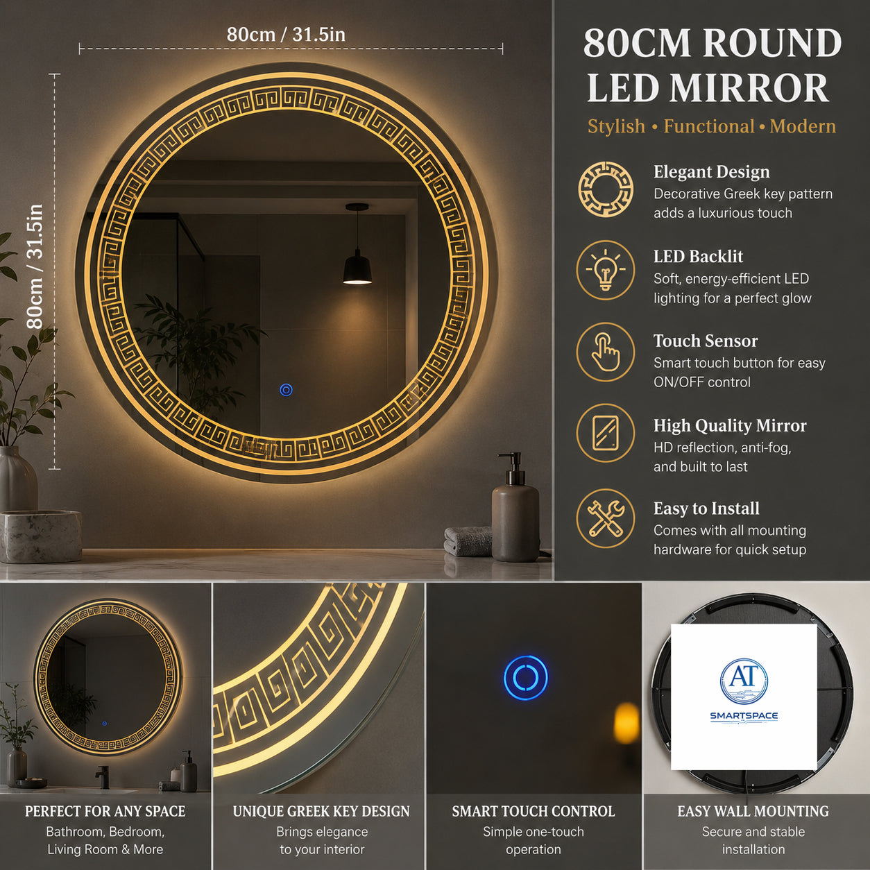 80CM Round LED Bathroom Mirror – Greek Key Luxury Design