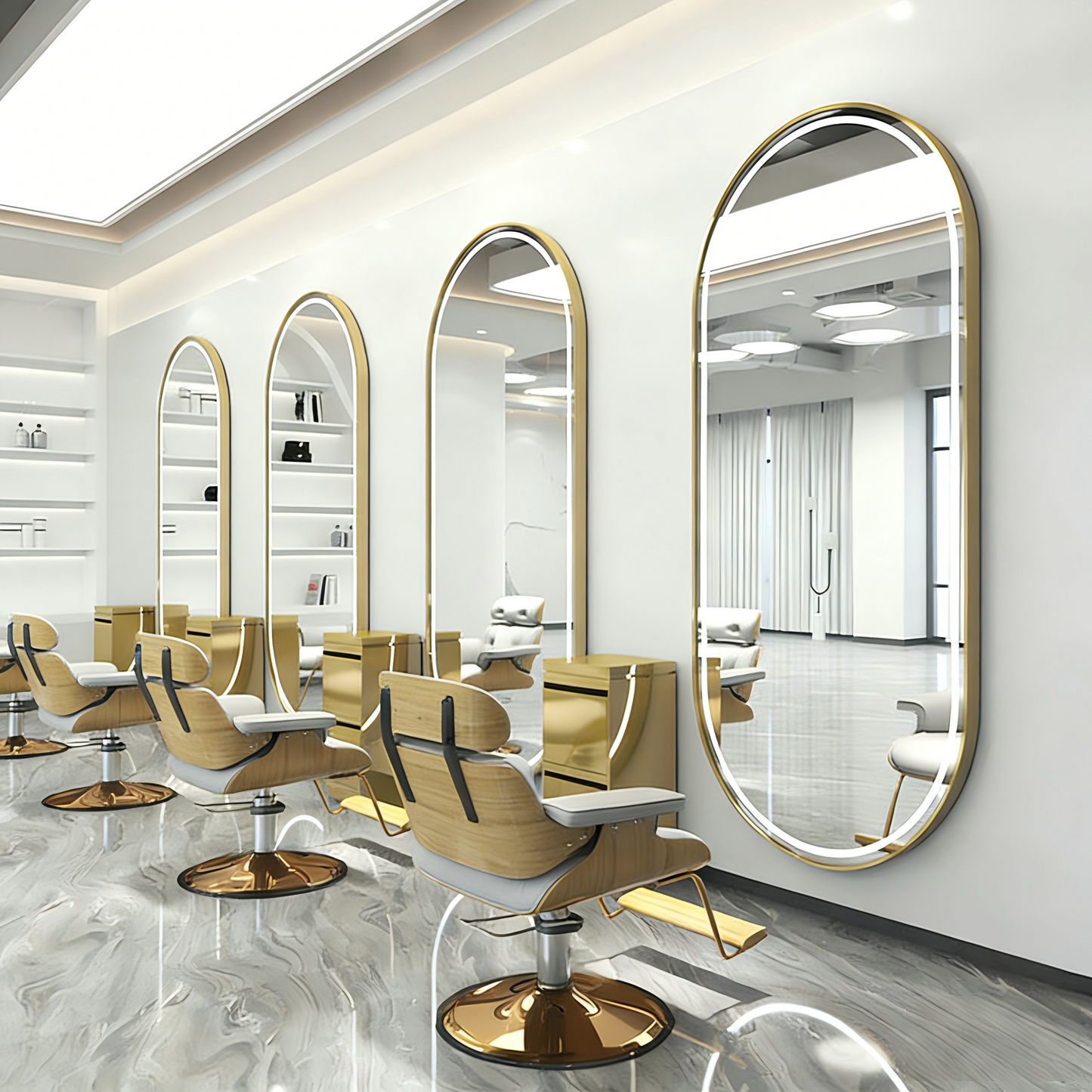 Close-up of gold oval LED salon mirror mounted on wall