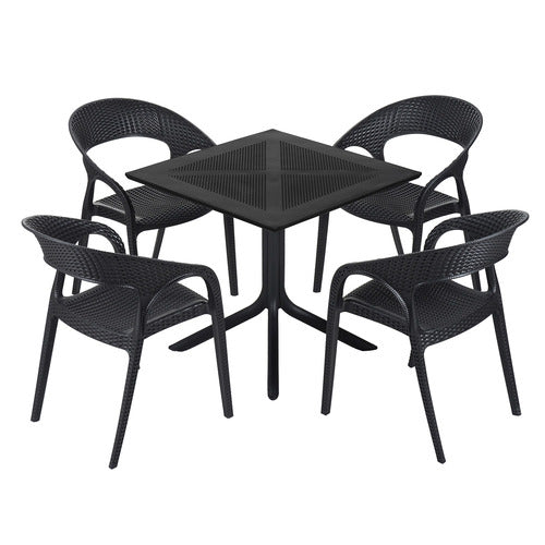 Outdoor Dining Set Square Table with 4 Armchairs in Black