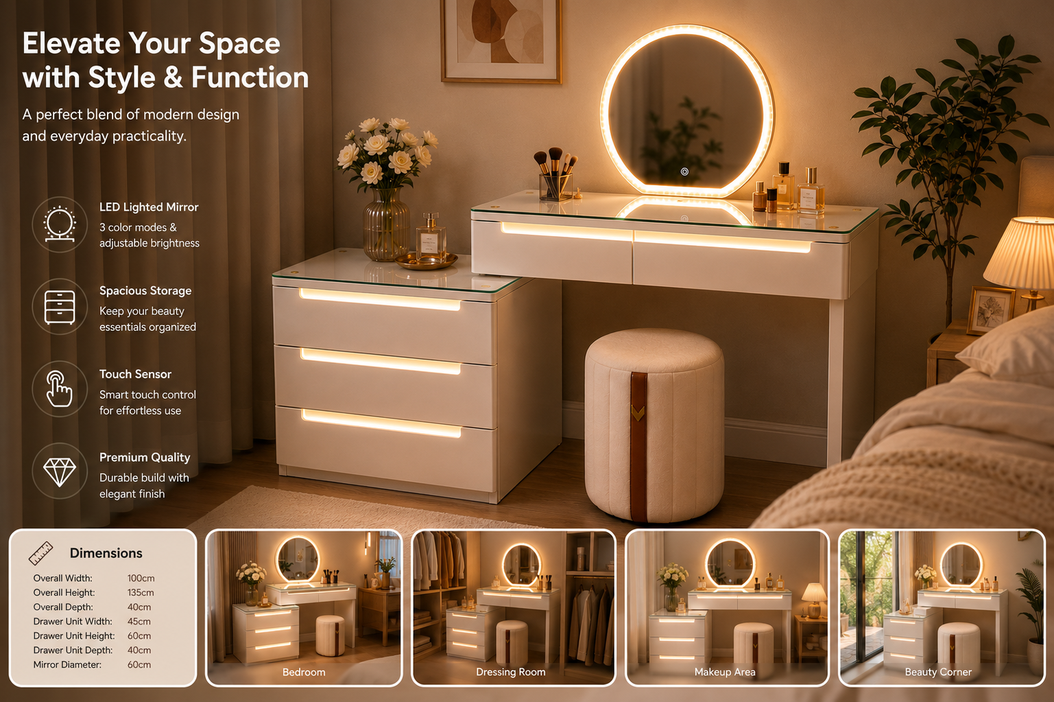 LED Makeup Vanity Desk with Touch LED Mirror, 3 Drawers & Stool, White Dressing Table with Glass Top AT Smartspace