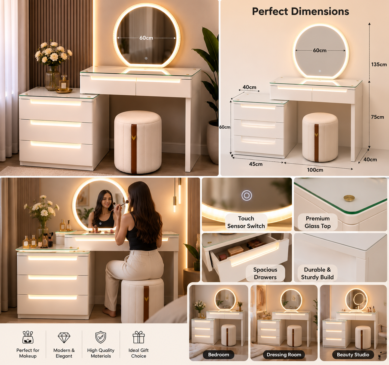 LED Makeup Vanity Desk with Touch LED Mirror, 3 Drawers & Stool, White Dressing Table with Glass Top AT Smartspace