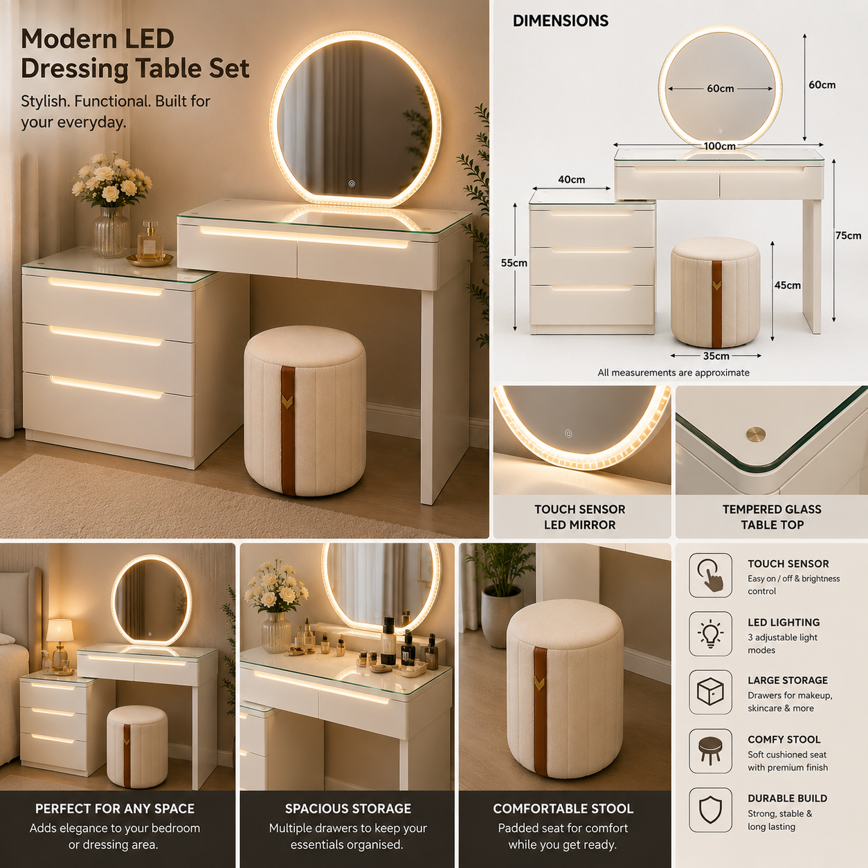 LED Makeup Vanity Desk with Touch LED Mirror, 3 Drawers & Stool, White Dressing Table with Glass Top AT Smartspace