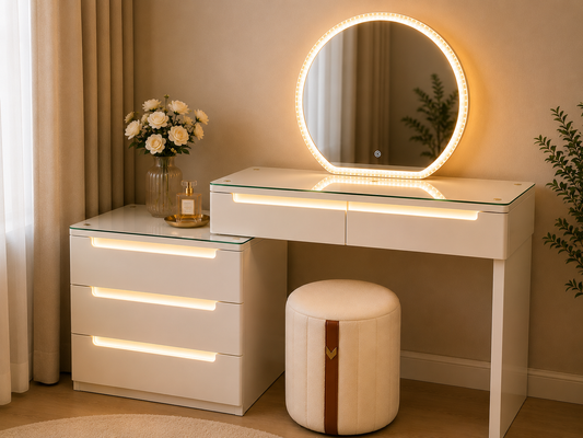 LED Makeup Vanity Desk with Touch LED Mirror, 3 Drawers & Stool, White Dressing Table with Glass Top AT Smartspace
