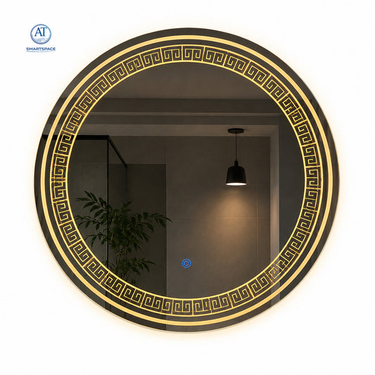 80CM Round LED Bathroom Mirror – Greek Key Luxury Design