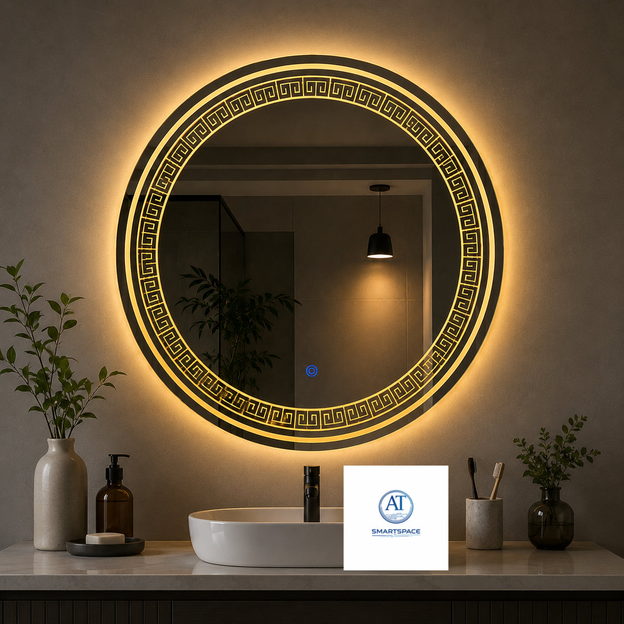 80CM Round LED Bathroom Mirror – Greek Key Luxury Design