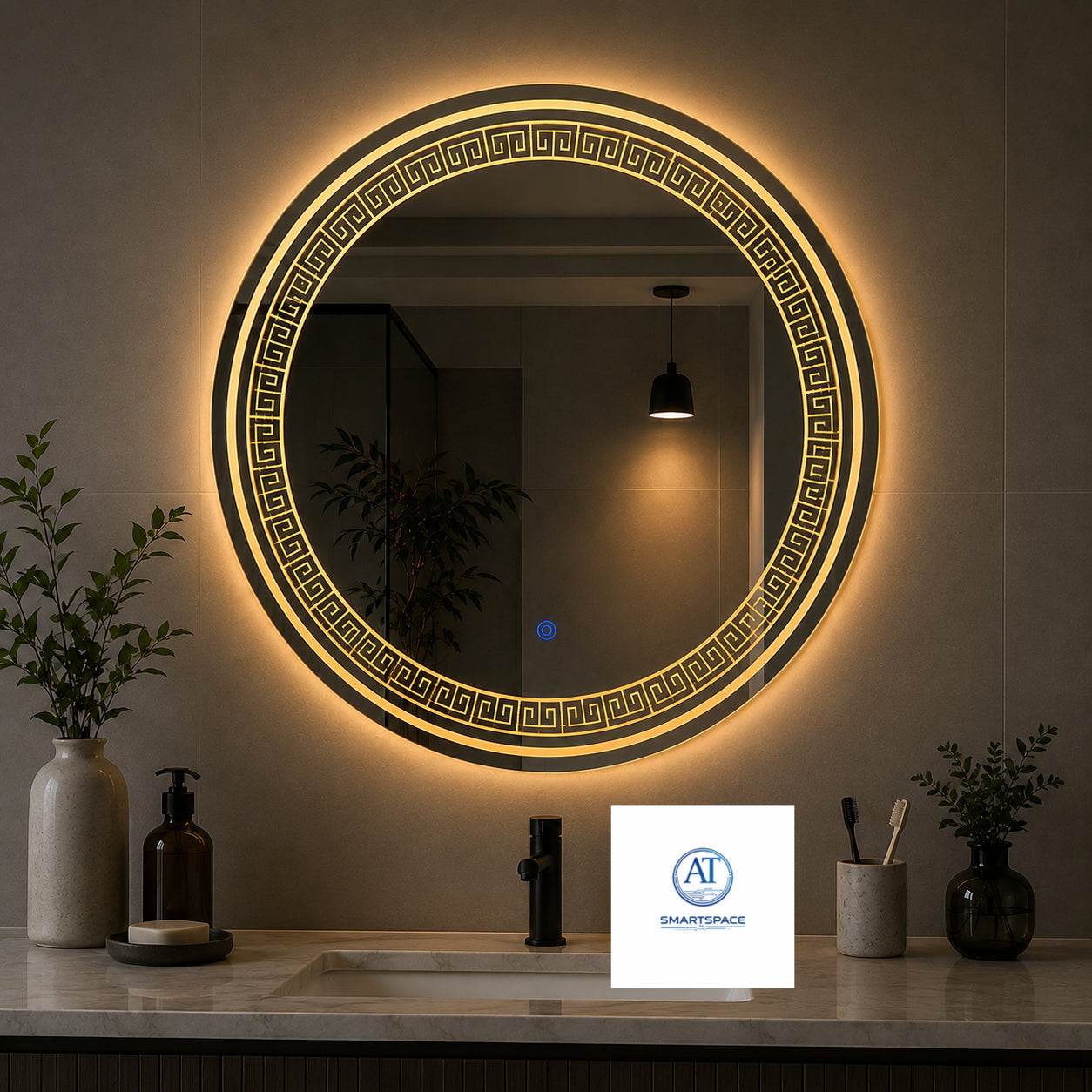 80CM Round LED Bathroom Mirror – Greek Key Luxury Design