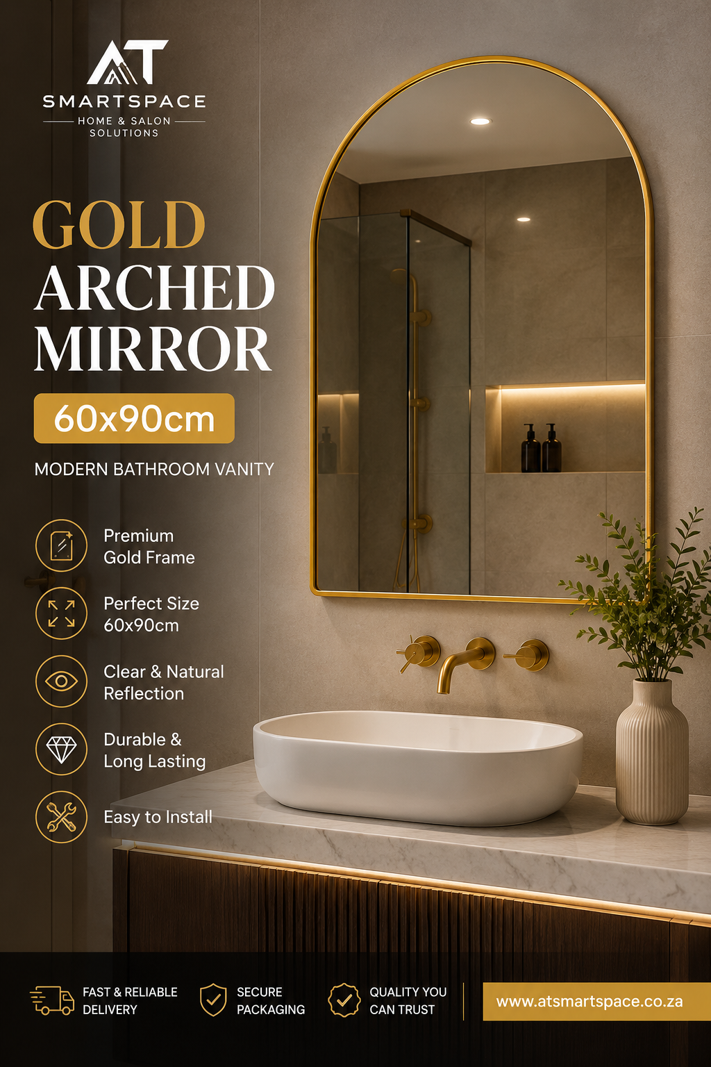 Gold Arched Mirror 60x90cm – Modern Bathroom Vanity | AT Smartspace