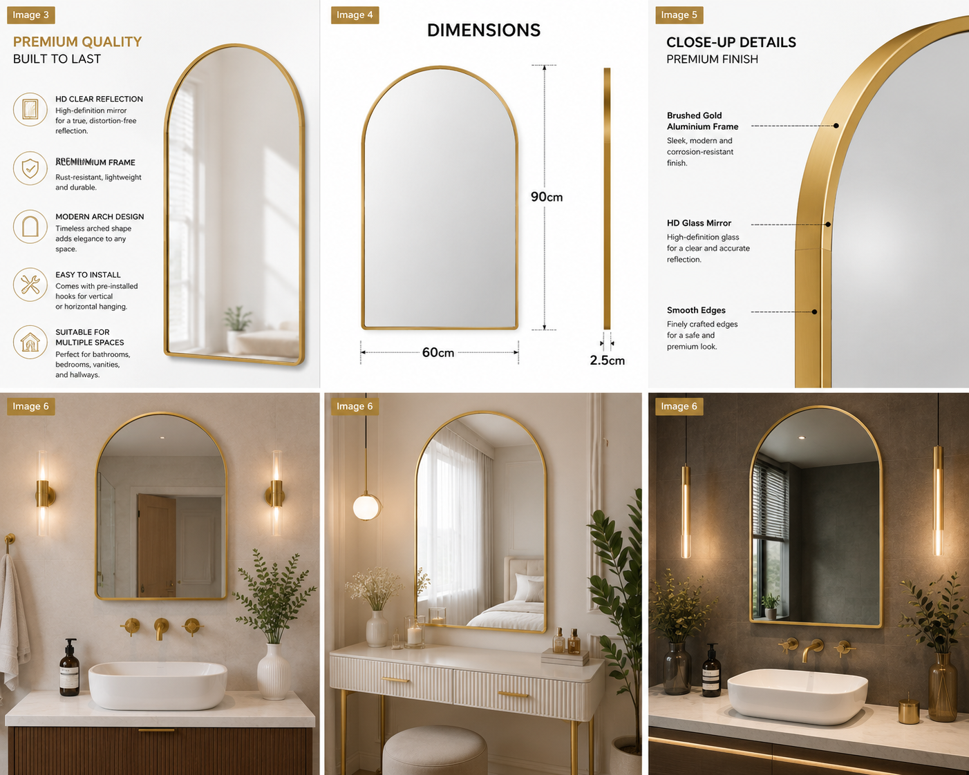 Gold Arched Mirror 60x90cm – Modern Bathroom Vanity | AT Smartspace