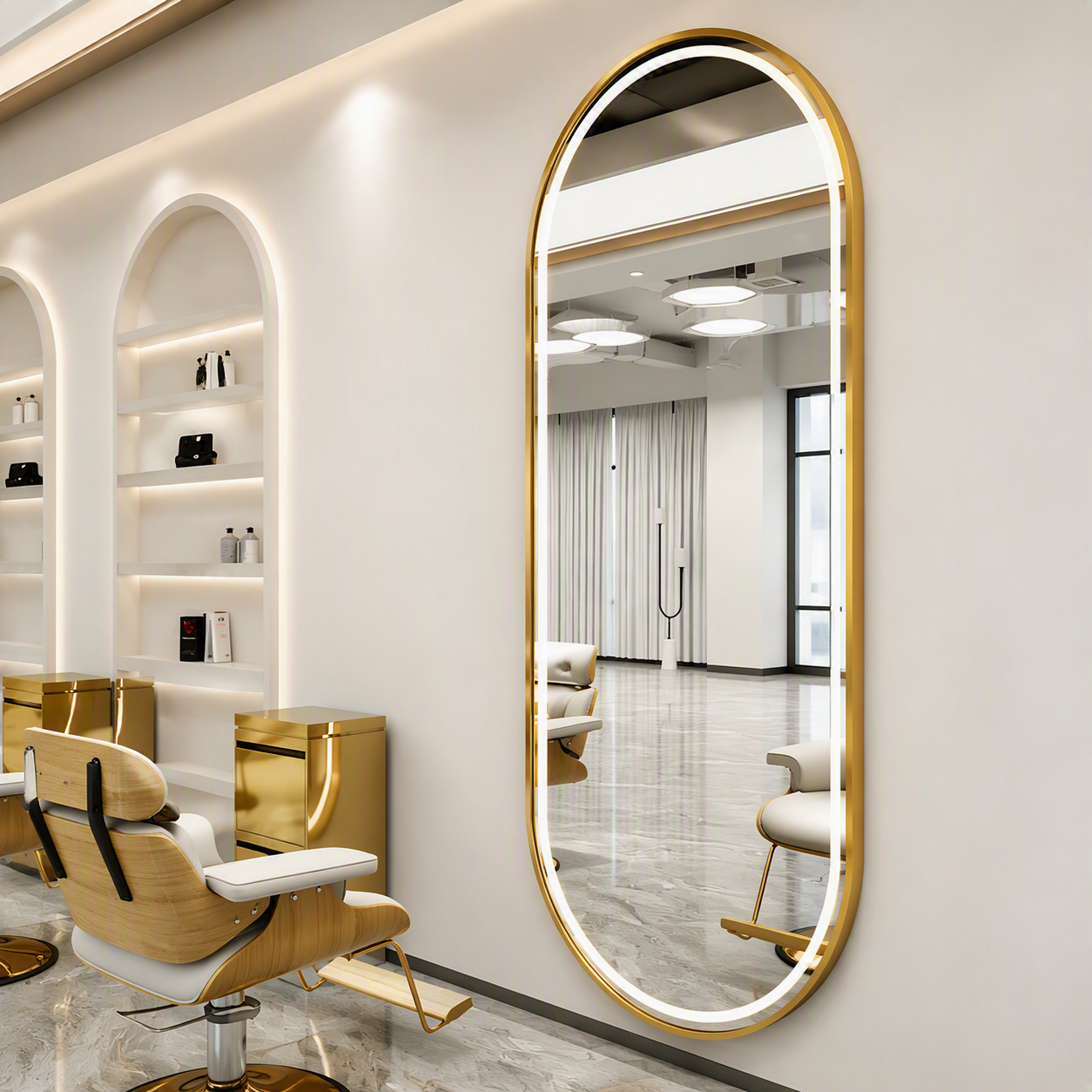 Gold oval salon mirrors with LED backlighting in a modern salon setting