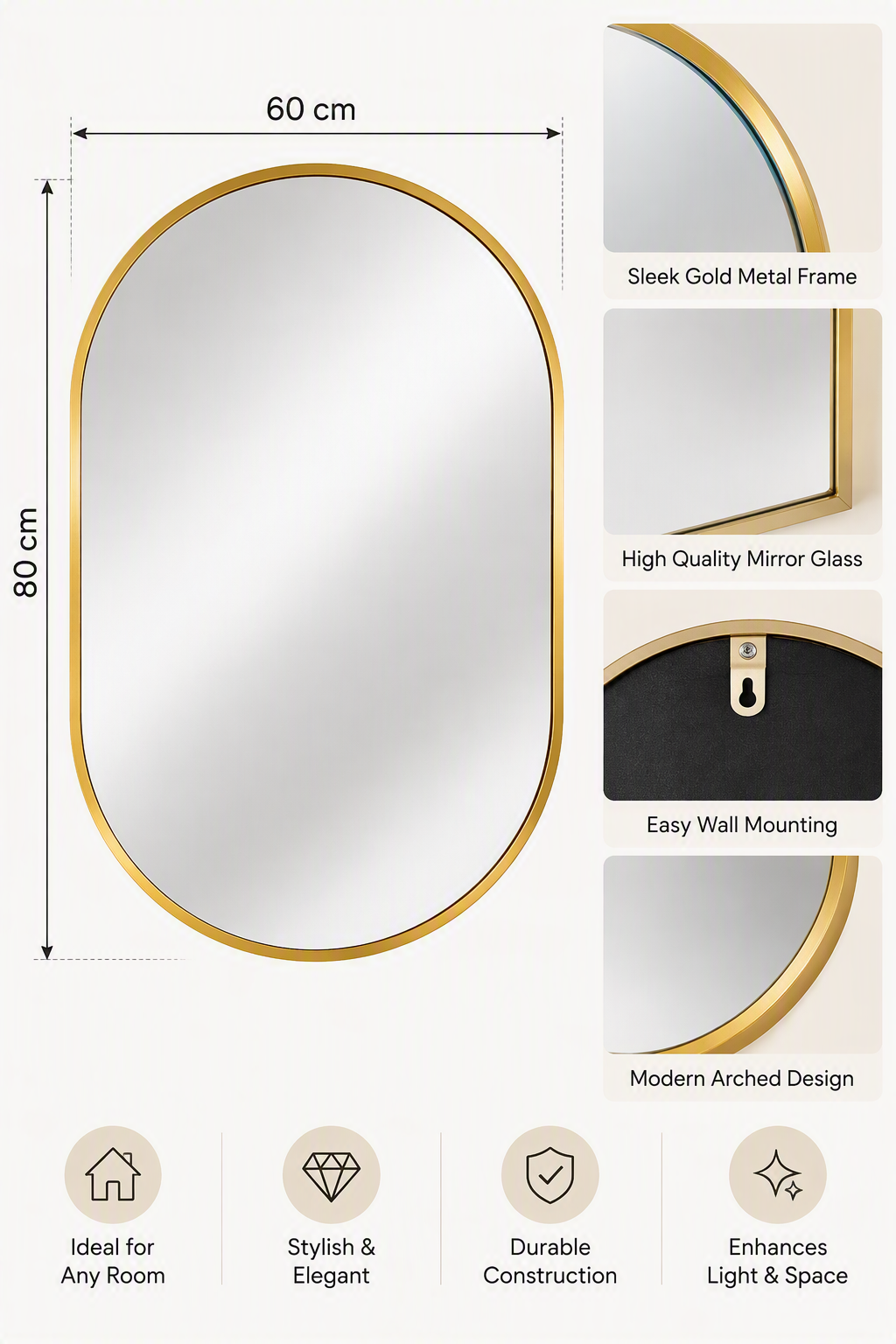 60 cm wide by 80 cm high gold mirror with frame and wall-mounting details