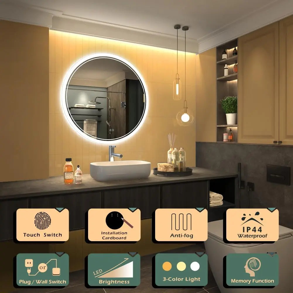 Black Round Mirror 80cm – LED Wall Mirror | AT Smartspace - Mirror - AT Smartspace